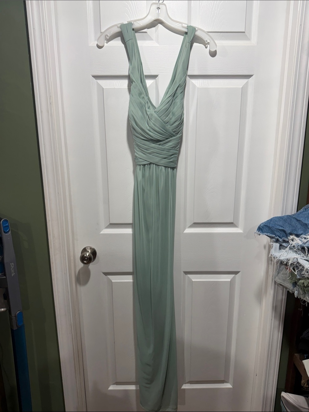 Sleeveless Sage Green Bridesmaid Dress with Draped V-Neck